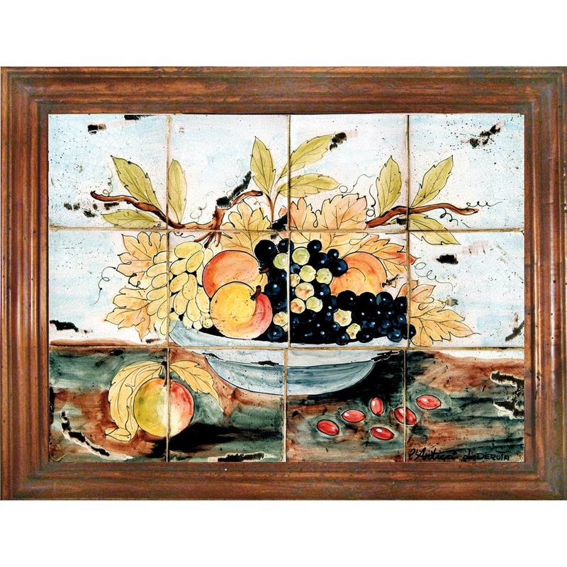 ANTICA DERUTA: Hand Painted Framed Ceramic Tiles Panel – Black Grape
