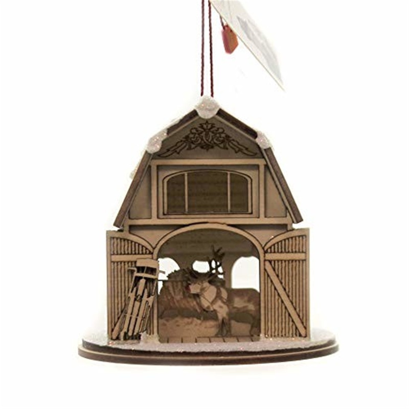 Old World Christmas Ginger Cottage Wooden Ornament for Christmas Tree, Santa’s Reindeer Barn