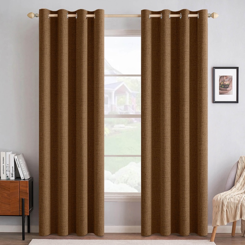 MIULEE 100% Blackout Linen Curtains for Bedroom Thermal Insulated Brown Grommet Room Darkening Curtains & Drapes Fall Decor for Living Room Nursery 52 x 108 Inch (2 Panels)