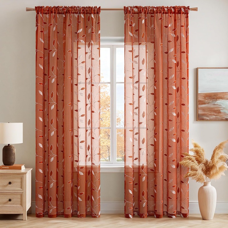 MIULEE Terracotta Sheer Curtains 2 Panels Embroidered Leaf Patterned Rod Pocket Floral Semi Faux Linen Fall Window Curtains Drapes Set for Living Room Bedroom Dining Room, 52×96 Inches Long