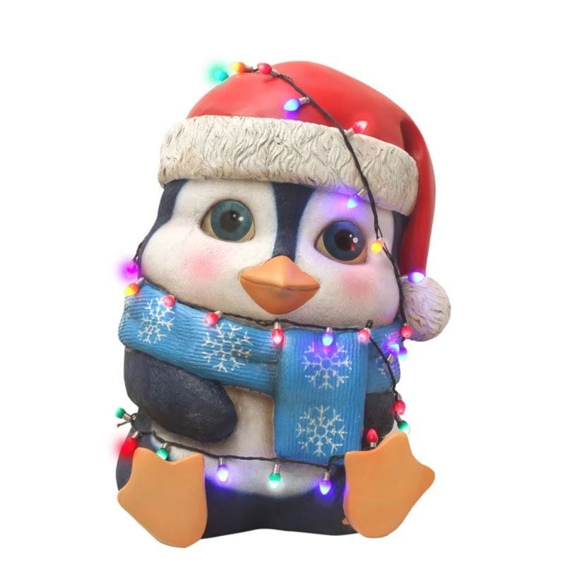 Garden Elements Fiberglass Indoor Christmas Figurine Statue Decor, Baby Penguin Holding Christmas Lights, 24″