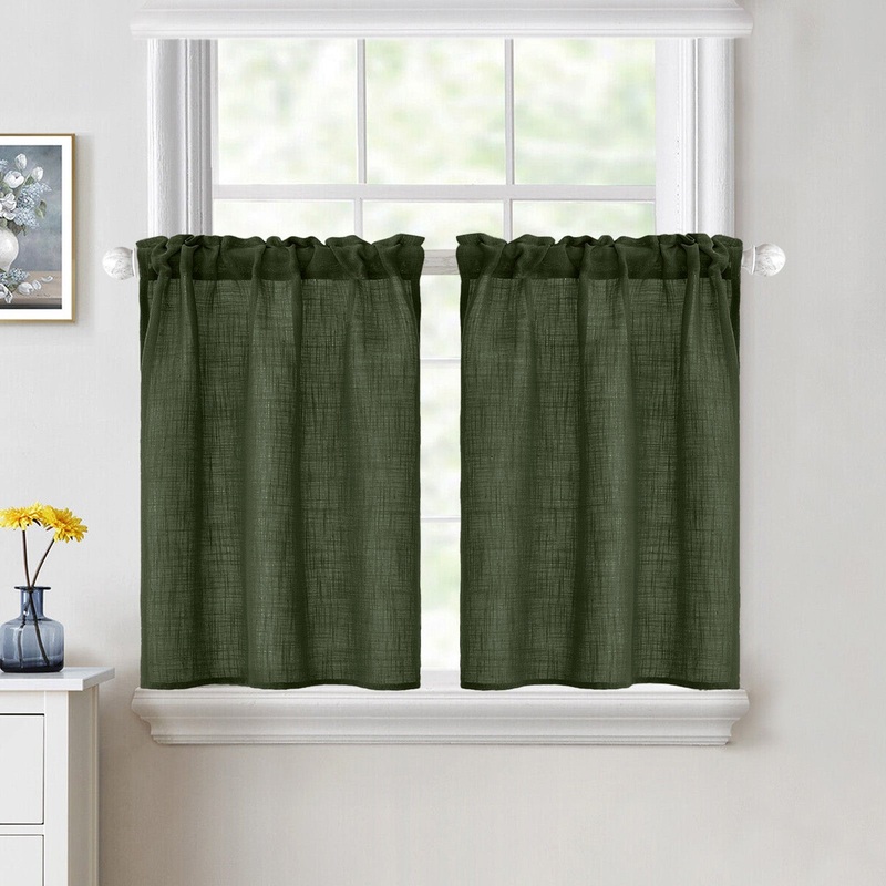 MIULEE Cafe Curtains 24 Inch Length Half Window Curtain Semi Sheer Farmhouse Short Linen Drapes for Kitchen Bathroom Basement Small Window, Rod Pocket Tier Curtains 2 Panels W26XL24, Olive Green