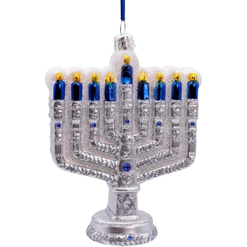 Kurt Adler Nobel Gems Collection Glass Christmas Ornament, New Hanukkah Menorah