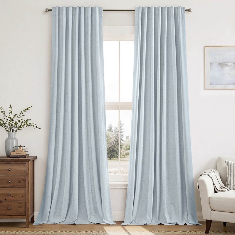 MIULEE Linen 100% Blackout Curtains 84 Inch Length 2 Panels, Back Tab Pleat Hook Belt Rod Pocket Clip Rings Thermal Insulated Drapes for Bedroom Living Room Light Blue Modern Black Out Window Curtains