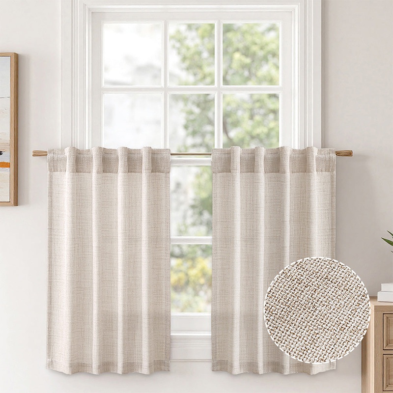 MIULEE Cafe Curtains Back Tab 24 Inch Length Light Filtering Small Drapes, Farmhouse Short Semi Sheer Linen Curtain for Kitchen Bathroom Half Window, Rod Pocket 2 Panels W30XL24 Beige