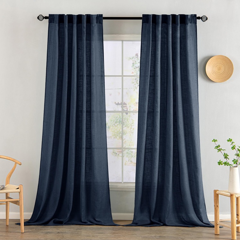 MIULEE Navy Blue Linen Curtains 96 Inch Length 2 Panels for Bedroom Living Room, Soft Thick Linen Textured Natural Window Drapes Semi Sheer Light Filtering Back Tab Rod Pocket Burlap Look Decor