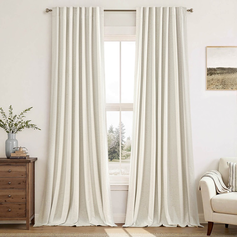 MIULEE Linen 100% Blackout Curtains 90 Inch Long 2 Panels, Back Tab Pleated Hook Belt Clip Rings Thermal Insulated Drapes for Bedroom Living Room Beige Natural Farmhouse Black Out Window Curtains