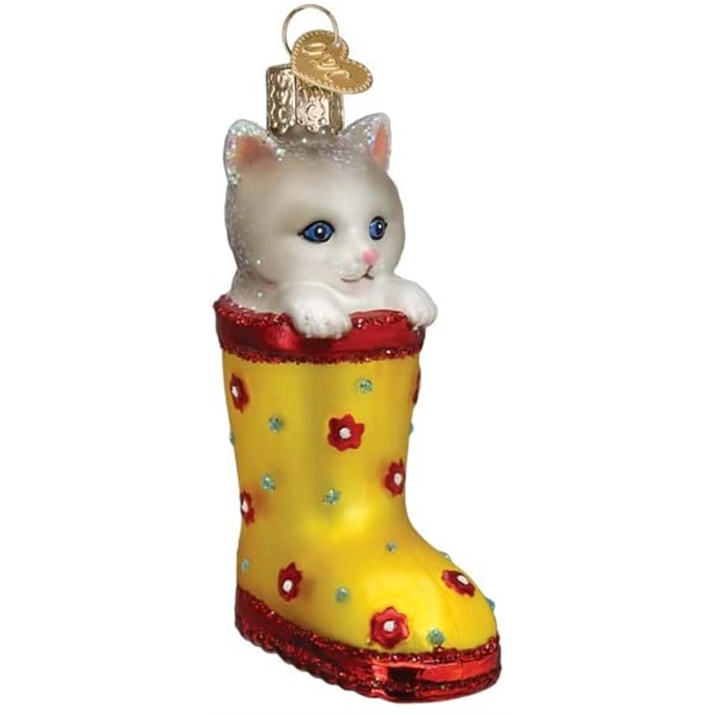 Old World Christmas Blown Glass Christmas Ornament, Kitten in Rain Boot