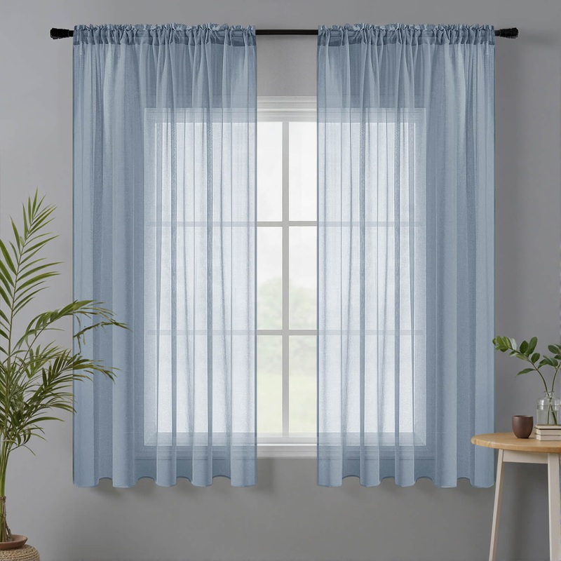 MIULEE Dusty Blue Sheer Curtains Linen Textured 84 Inches Long 2 Panels for Bedroom Kitchen, Semi Transparent Farmhouse Rod Pocket Light Filtering Voile Window Drapes, W 42 x L 45 inch Length