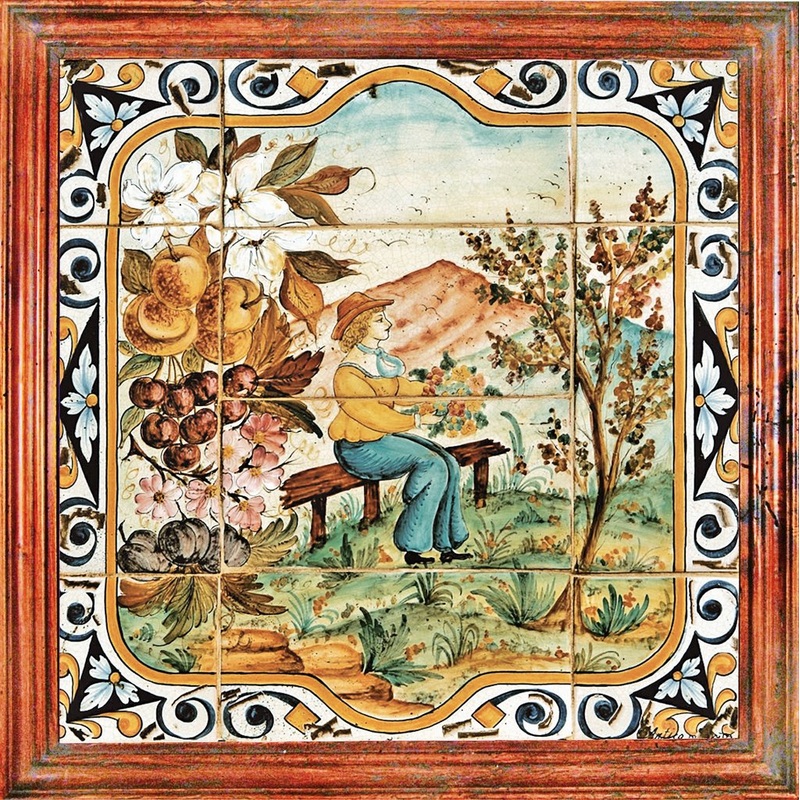 ANTICA DERUTA: Hand Painted Framed Ceramic Tiles Panel – Season SPRING