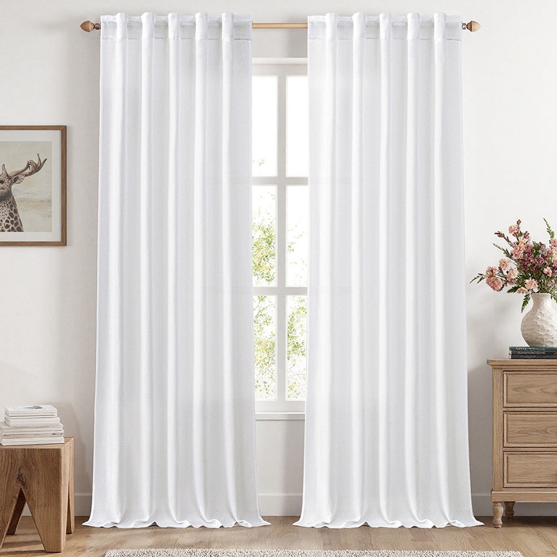 MIULEE Faux Linen Curtains 96 Inch Length 2 Panels Natural White Semi Sheer Curtain with Back Tab Rod Pocket , Light Filtering Window Privacy Burlap Drapes for Living Room Bedroom 42W x 96L