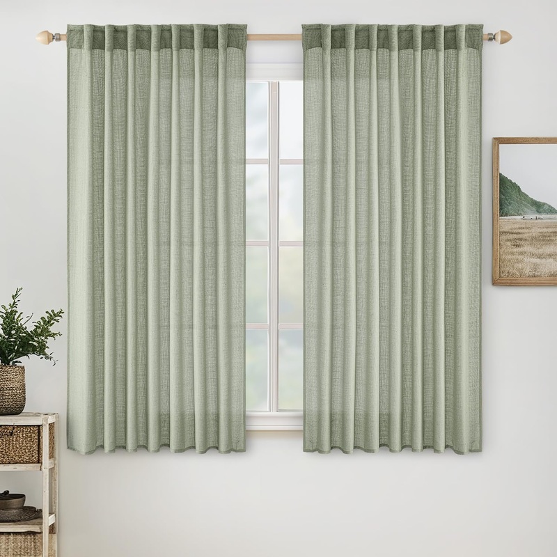 MIULEE Sage Linen Curtains 45 Inch Length 2 Panels for Bedroom Living Room,Green Soft Thick Linen Textured Window Drapes Semi Sheer Light Filtering Back Tab Rod Pocket Burlap Look Decor