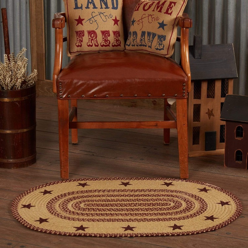Burgundy Tan Jute Rug Oval Stencil Stars w/ Pad 24×36