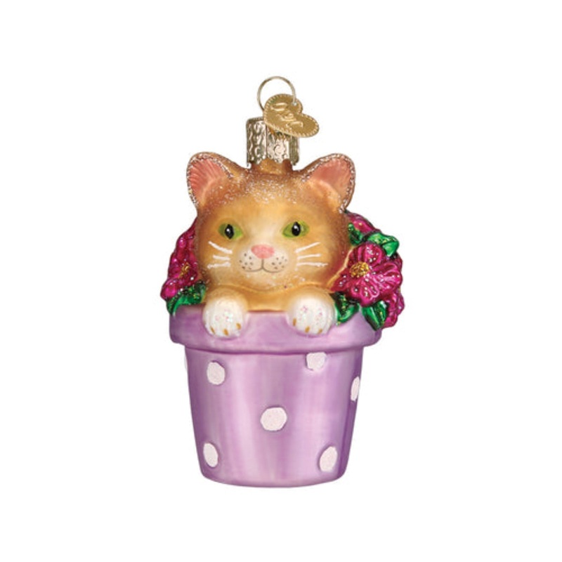 Old World Christmas Kitten in Flower Pot Blown Glass Holiday Tree Ornament