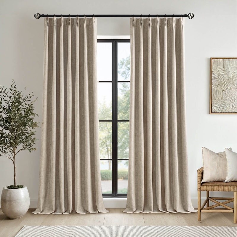 MIULEE Sand Pinch Pleated 100% Blackout Linen Curtains 102 Inch Length 2 Panels Set, Pleat Curtains with Pin Hooks, Black Out Light Blocking Room Darkening Drapes for Bedroom Living Room Window