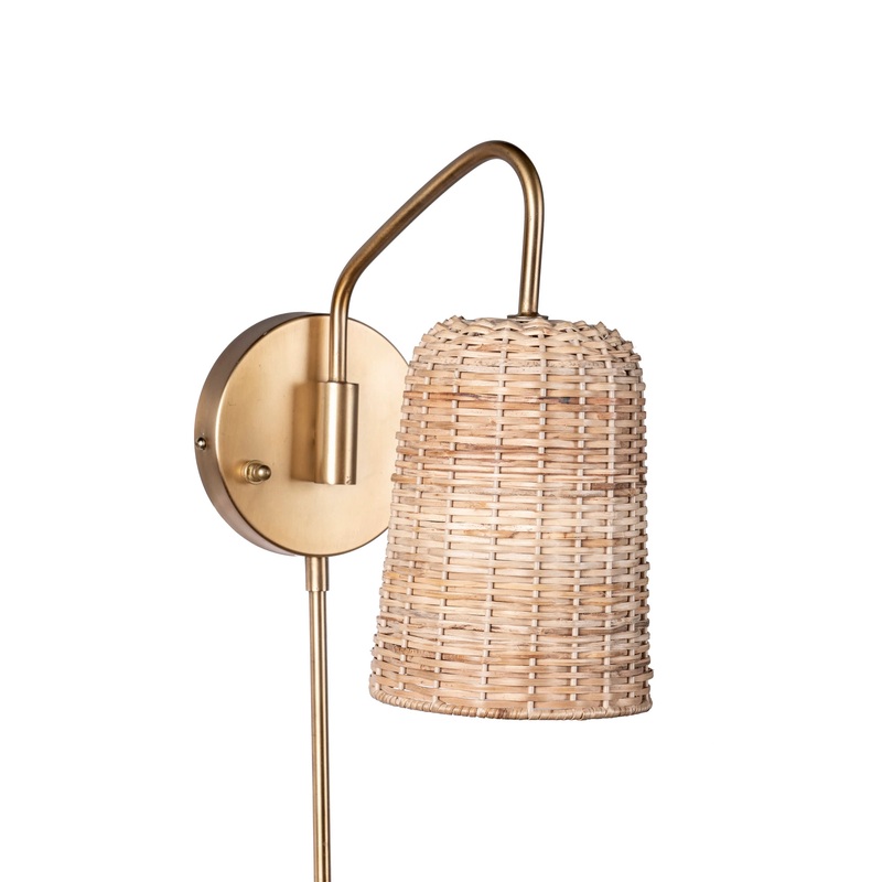16-inch Rattan Plug-In Wall Sconce | Brass