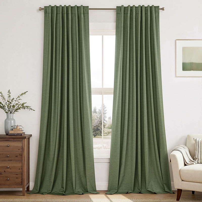 MIULEE Linen 100% Blackout Curtains 90 Inch Long 2 Panels, Olive Green Back Tab Pleated Hook Belt Clip Rings Thermal Insulated Drapes for Bedroom Living Room Black Out Light Blocking Window Curtains