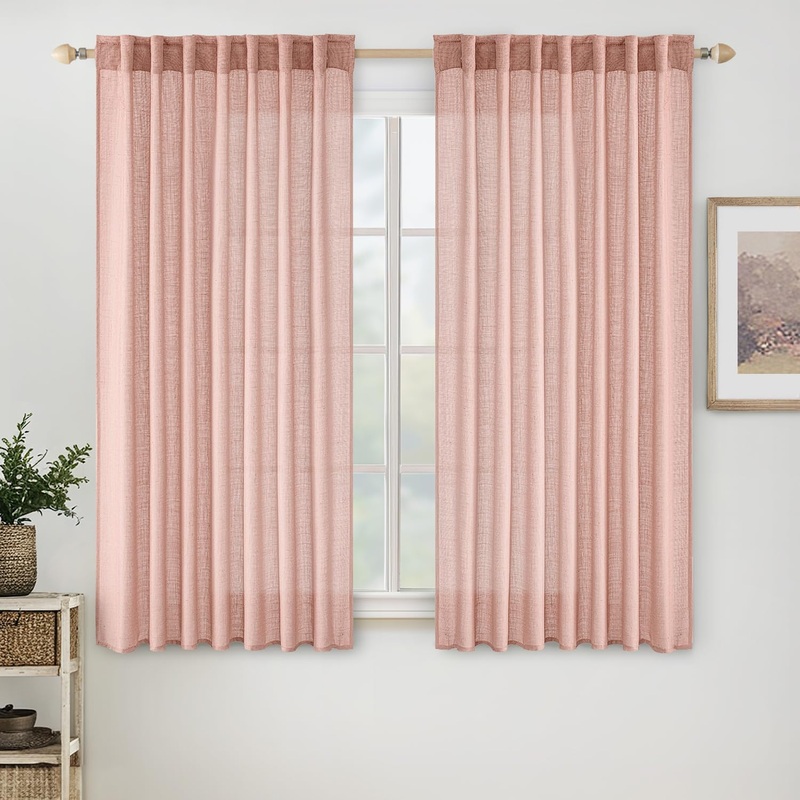 MIULEE Blush Pink Linen Curtains 45 Inch Length 2 Panels for Girls Bedroom Nursery, Soft Thick Linen Textured Window Drapes Semi Sheer Light Filtering Back Tab for Kids Living Room Light Pink Decor