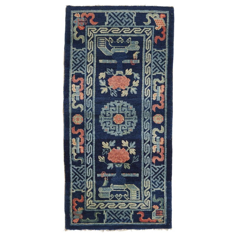ANTIQUE CHINESE PAO TAO DO, BLUE/RED SYMETRIC 2’1” x 4’4”