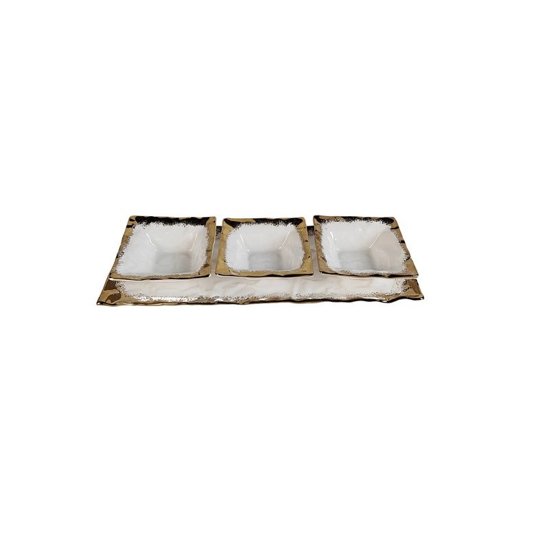 Classic Touch White Porcelain 3 Bowl Relish Dish with Gold Edge15.75″L