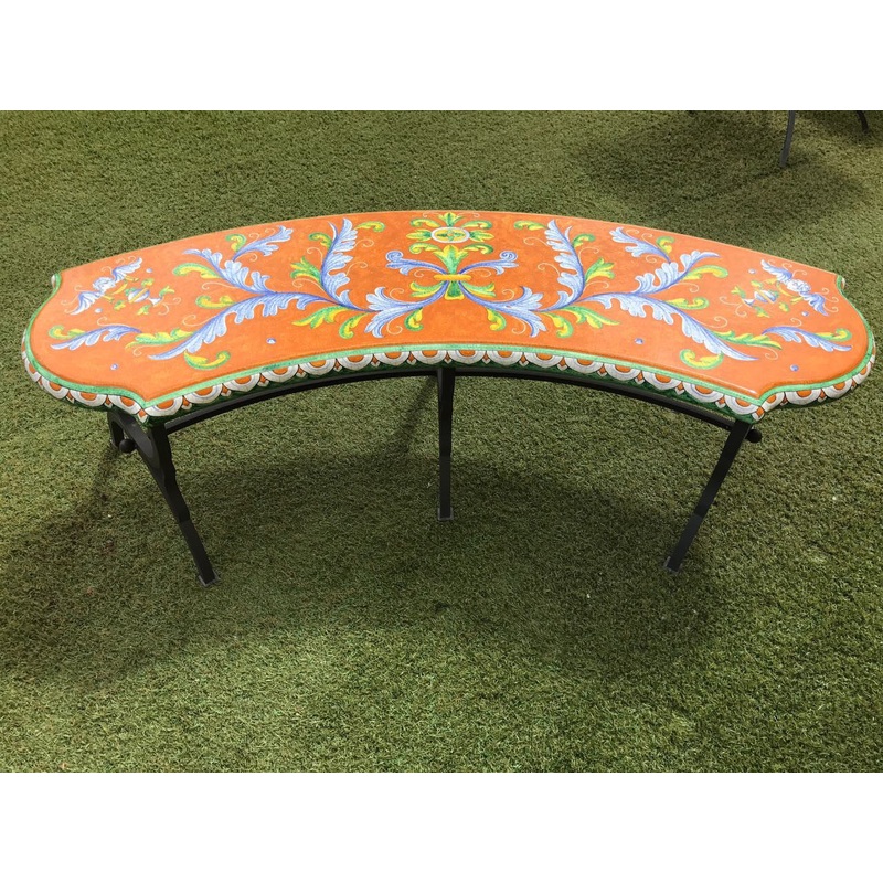 WROUGHT IRON BENCH WITH CERAMIC TOP: Large Curved model design (Seats Two) – Hand Painted in Deruta, Italy.