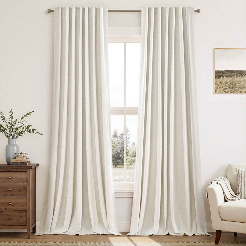 MIULEE Linen 100% Blackout Curtains 90 Inch Long 2 Panels, Back Tab Pleated Hook Belt Clip Rings Thermal Insulated Drapes for Bedroom Living Room Ivory Cream Farmhouse Black Out Window Curtains