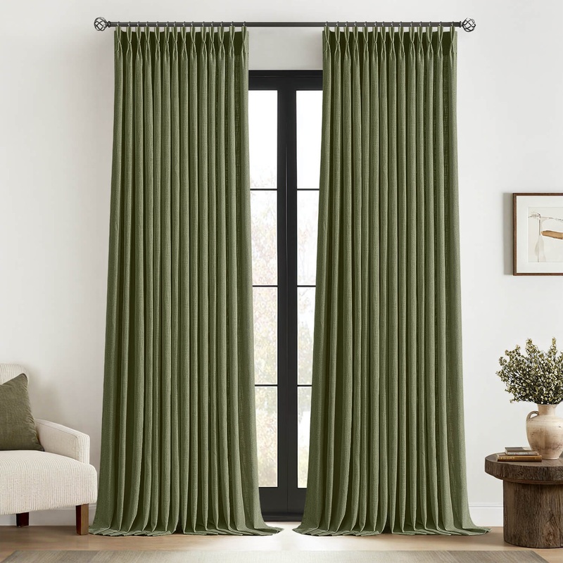 MIULEE Olive Green Pinch Pleated Linen Curtains 96 Inches Long 2 Panels for Living Room Bedroom, Thick Texture Linen Drapes Pleat Back Tab Semi Sheer Moss Green Window Curtains with Hooks&Rings