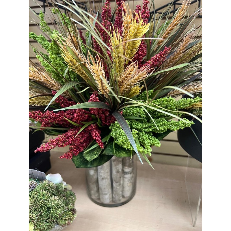 CDI Fall Floral with wheat in Glass Vase Large Size