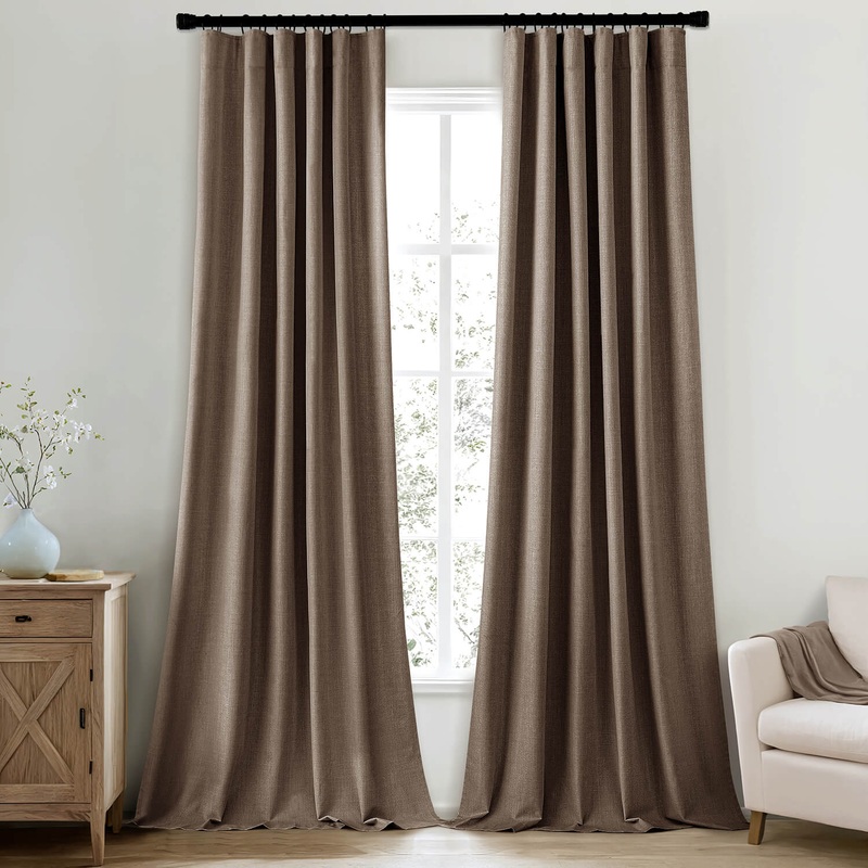 MIULEE 100% Blackout Curtains 102 Inch Long 2 Panels Set for Bedroom, Thick Faux Linen Black Out Curtain Room Darkening Back Tab Pleat Window Textured Drapes with Hooks for Living Room, Dutch Cocoa