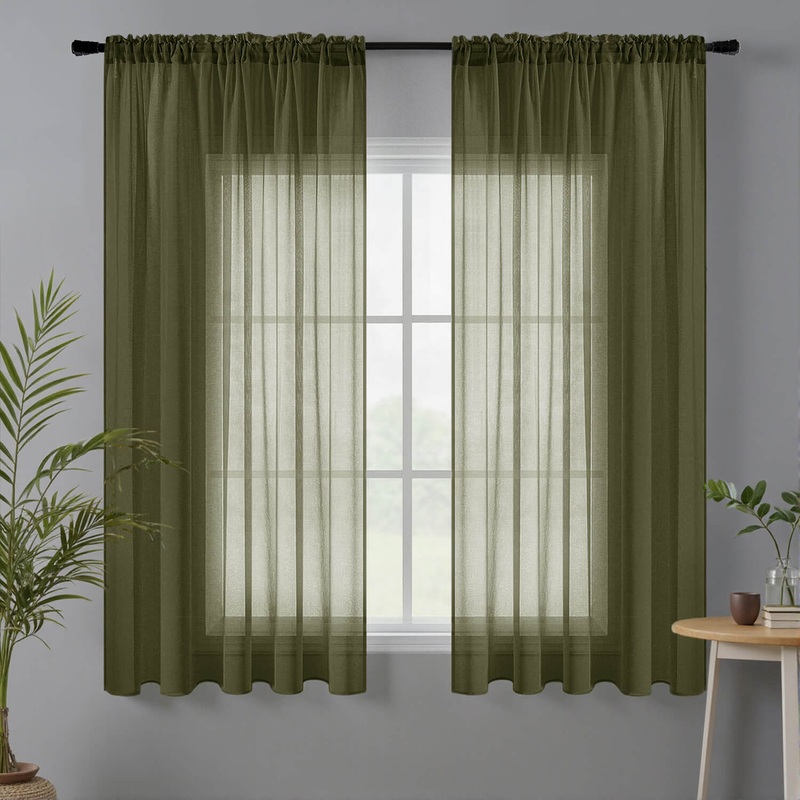 MIULEE Olive Green Sheer Curtains Linen Textured 84 Inches Long 2 Panels for Bedroom Kitchen, Semi Transparent Farmhouse Rod Pocket Light Filtering Voile Window Drapes, W 42 x L 45 inch Length