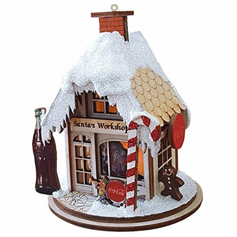 Old World Christmas Ginger Cottage Wooden Ornament for Christmas Tree, Coco-Cola Santa’s Workshop