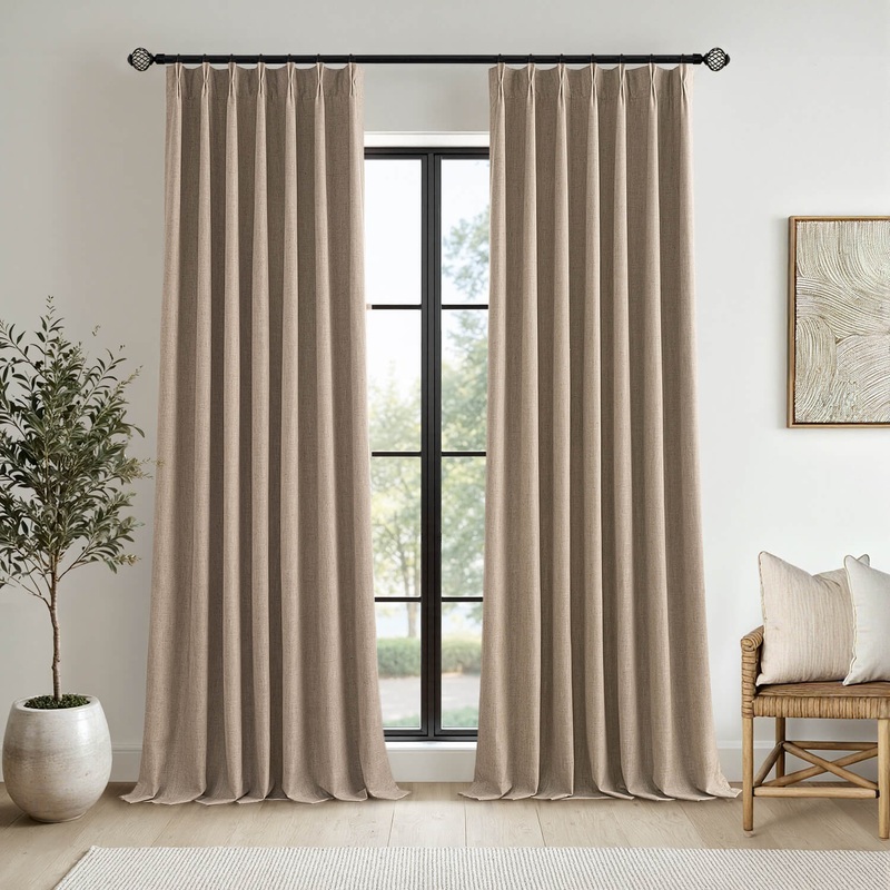MIULEE Copper Brown Pinch Pleated 100% Blackout Linen Curtains 90 Inch Length 2 Panels Set, Pleat Curtains with Pin Hooks, Black Out Light Blocking Room Darkening Drapes for Bedroom Living Room Window