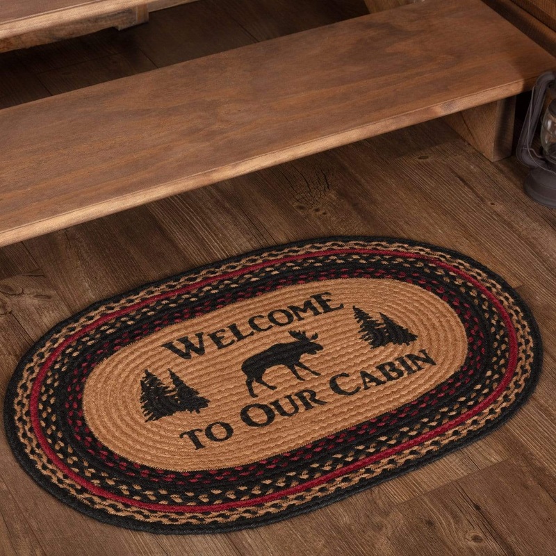 Cumberland Stenciled Moose Jute Rug Oval Welcome to the Cabin w/ Pad 20×30