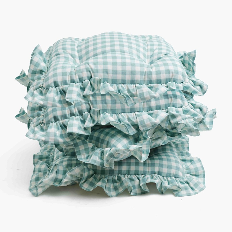 Duck Egg Blue Gingham Ruffle Seat Pad Cushions (Set of 4)