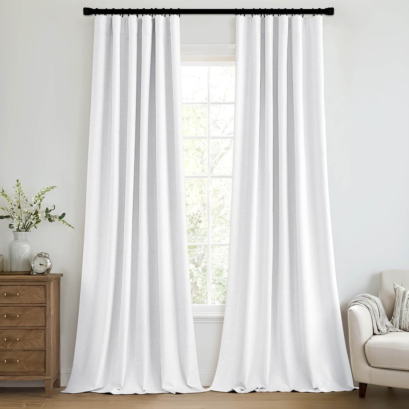 MIULEE 100% Blackout Curtains 84 Inch Long 2 Panels Set for Bedroom, Thick Faux Linen Black Out Curtain Room Darkening Back Tab Pleat Window Textured Drapes with Hooks for Living Room, Bright White