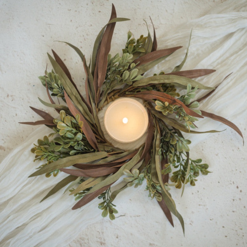 12″ Brown & Green Mixed Leaf Candle Ring