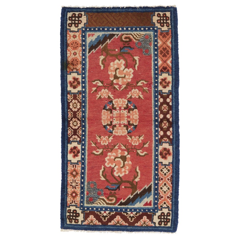 ANTIQUE CHINESE PAO TAO DO, RED FLOWERS SYMMETRIC 2’0” x 3’9”