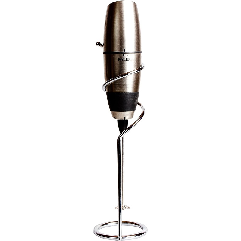 BonJour Battery-Powered Cafe Latte Frother with Stand, Chrome/Black