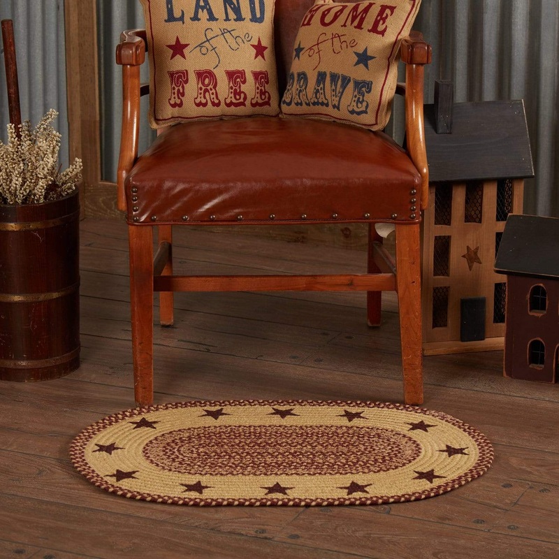 Burgundy Tan Jute Rug Oval Stencil Stars w/ Pad 20×30